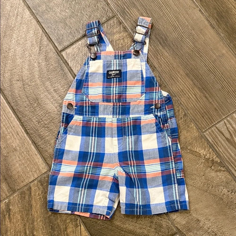 OshKosh B’gosh Plaid Shortalls 18M Baby Boy Blue Cotton Summer Overalls